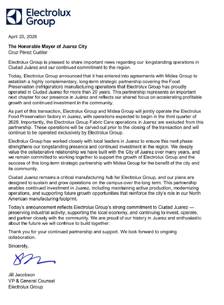 Anuncia Electrolux proyecto de inversión para Juárez.