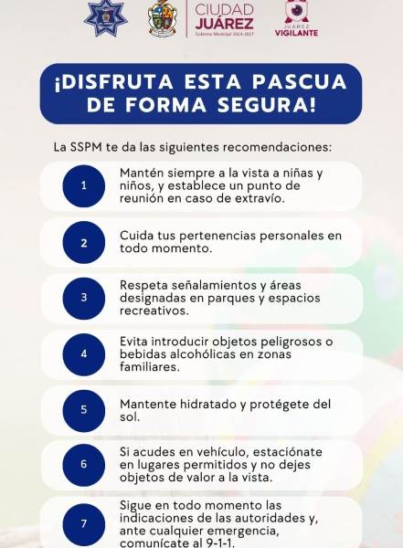 Emiten recomendaciones de seguridad para este domingo de pascua en espacios públicos