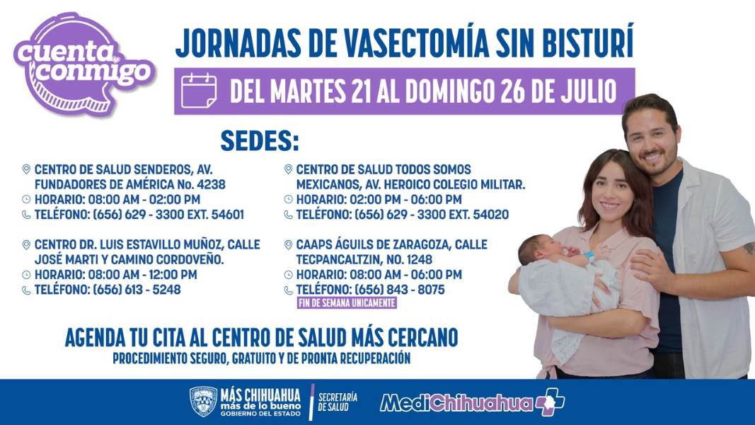 Salud estatal realizará jornada gratuita de vasectomías sin bisturí en Ciudad Juárez