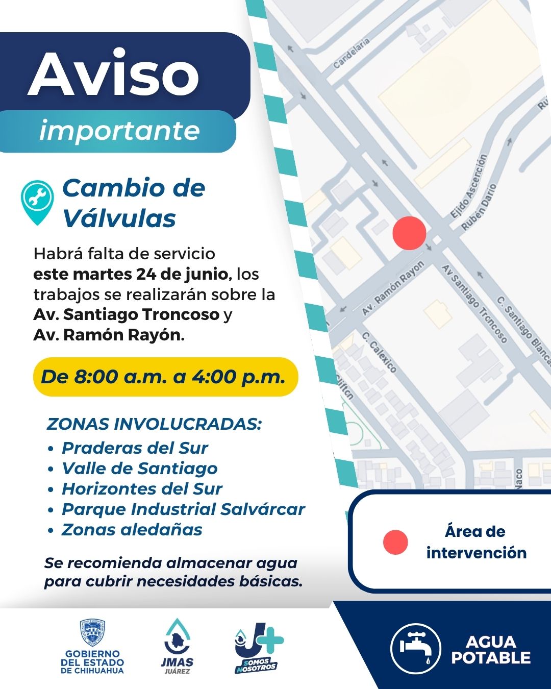 Anuncia JMAS reposición de válvulas en Santiago Troncoso; habrá suspensión temporal del servicio.
