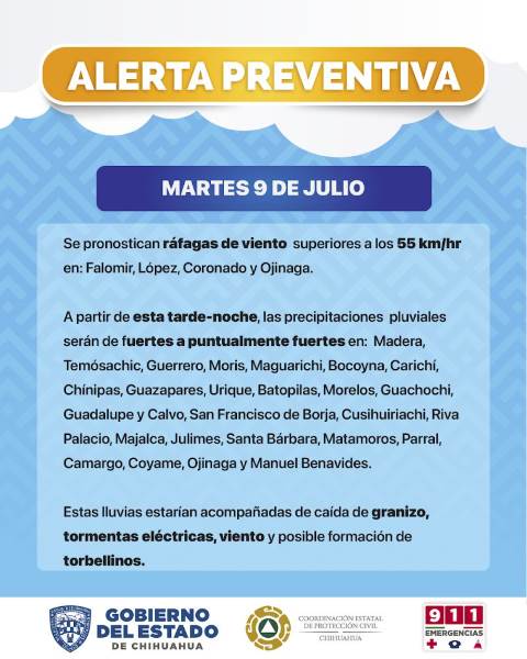 Alertan por vientos y lluvias en próximas horas