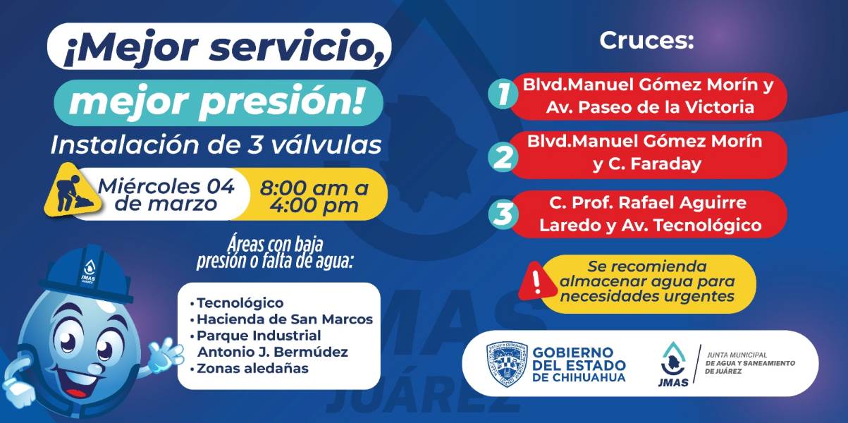 Suspenderán servicio de agua en dos zonas este miércoles