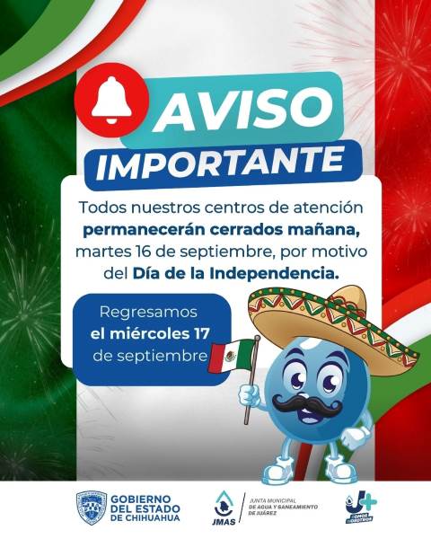 J+ suspenderá actividades este 16 de septiembre por día festivo