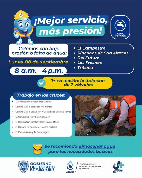 Alerta la J+ suspensión temporal de agua  por instalación de siete válvulas en el distrito 5